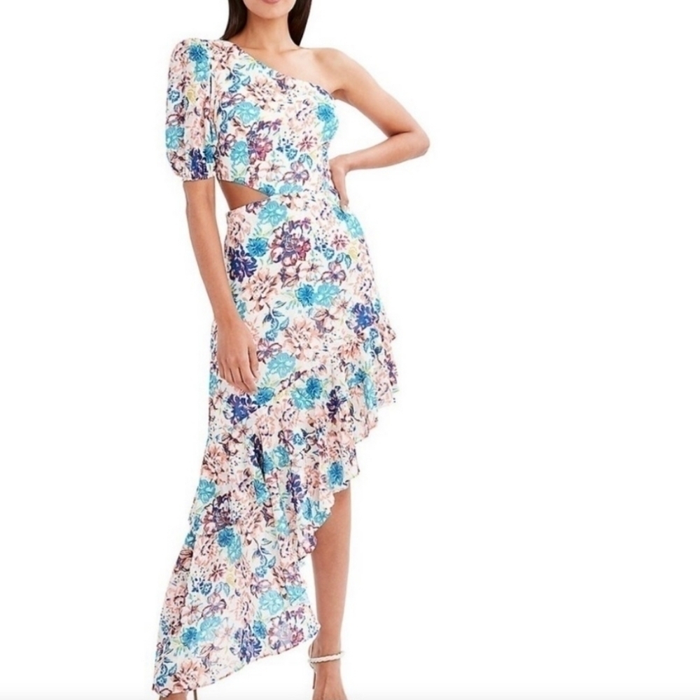 BCBGMAXARIA One Shoulder Asymmetric Floral Dress, Cutout, Size Small